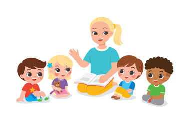 A teacher is sitting and reading a storybook to young students. The children are seated around the teacher on floor, listening intently.