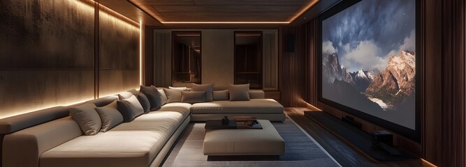 Fototapeta premium 14. A stylish home theater room with a sectional sofa, projector screen, and surround sound system