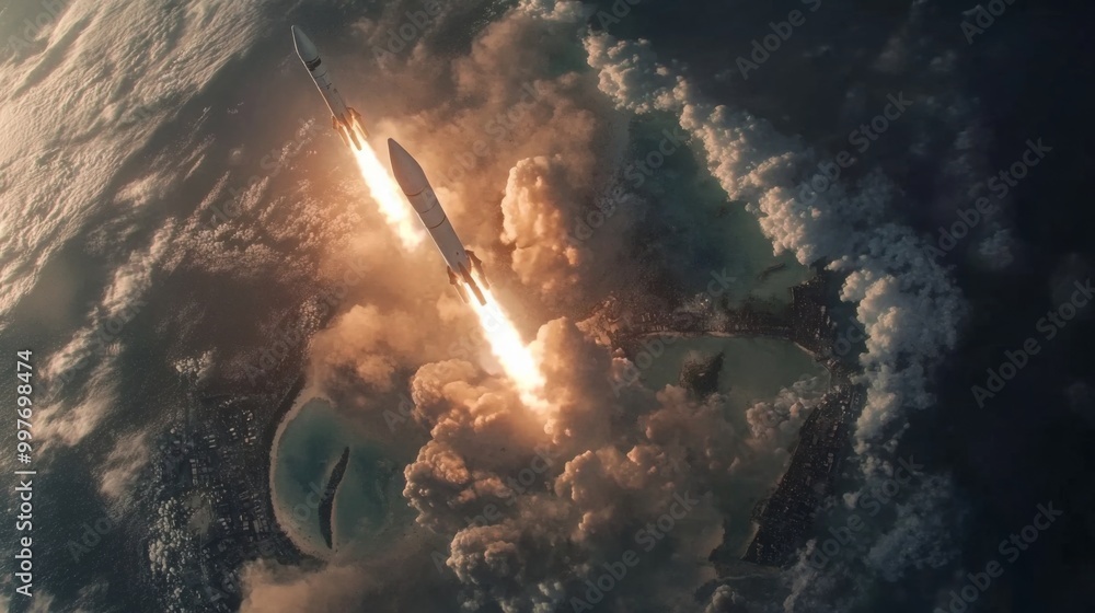 Aufkleber A rocket ascends into the sky at dawn, leaving a bright trail against a backdrop of swirling clouds and the ocean below. The launch creates an awe-inspiring display of light and movement.