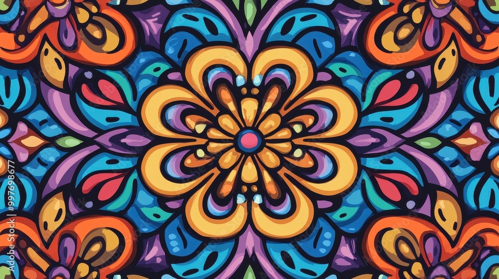 Poster dive into a vibrant world of colors with this mesmerizing kaleidoscope pattern, perfect for a bold a