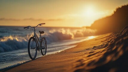 Fototapeta premium A joyful Sunday bike ride along a beach, with the sun setting and the waves crashing in the background, Sunday adventure, outdoor happiness
