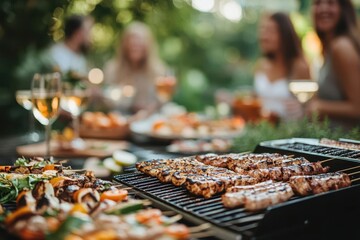 Friends enjoying a Sunday barbecue in the backyard, with delicious food and happy conversations, Sunday gathering, outdoor joy