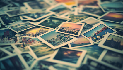 Naklejka premium A collection of Polaroid photos scattered on a table, showcasing travel memories, sunsets, and urban scenes for a nostalgic vibe