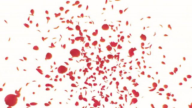 Red Rose Petals Burst on White Background. Blast of red rose petals on white background
