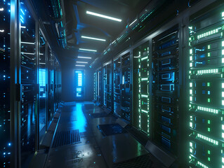 high tech server room featuring rows of illuminated server racks, showcasing futuristic design with vibrant blue and green lights. atmosphere is sleek and modern, emphasizing advanced technology