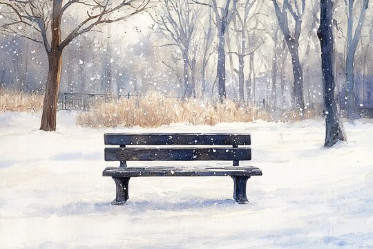 Watercolor Painting of Empty Park Bench Amidst Freshly Fallen Snow: Delicate Snowflakes Softly Descending