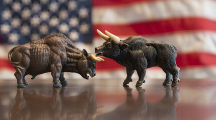 Fototapeta premium Conceptual image of bull and bear figurines symbolizing market trends, set against backdrop of American flag, representing financial dynamics and economic sentiment
