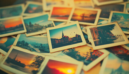 Fototapeta premium A collection of Polaroid photos scattered on a table, showcasing travel memories, sunsets, and urban scenes for a nostalgic vibe