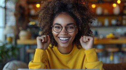 Fototapeta premium young black joyful woman sitting at home and celebrating online shopping win with positive emotions