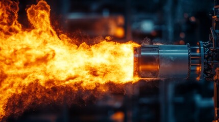 A metal rocket engine with a nozzle pointed to the right is firing, producing a large orange flame that is billowing out of the engine and into the surrounding area