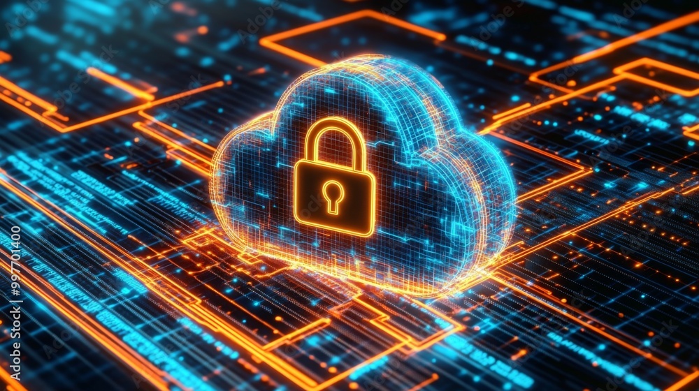 Poster integration of cloud icon with security symbols highlighting data protection.