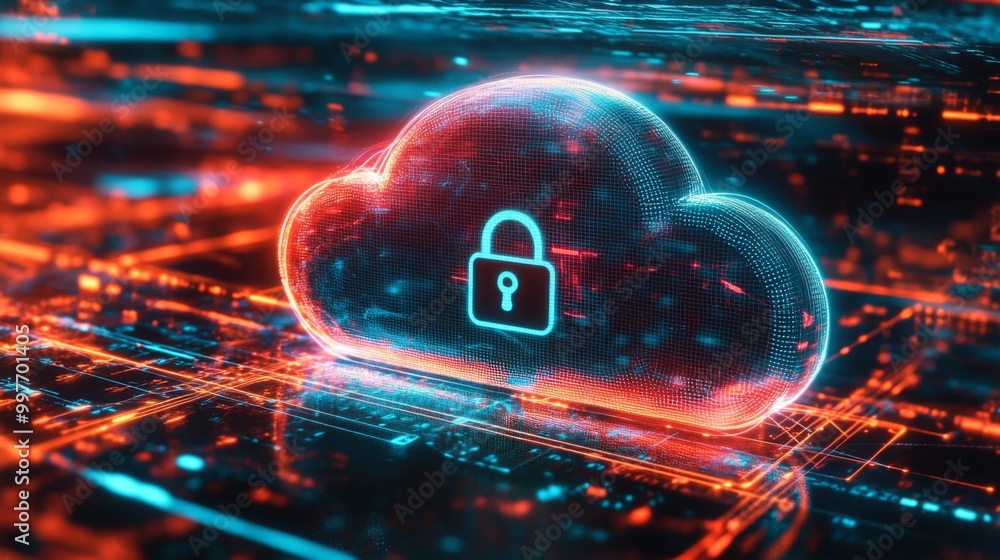 Poster integration of cloud icon with security symbols highlighting data protection.