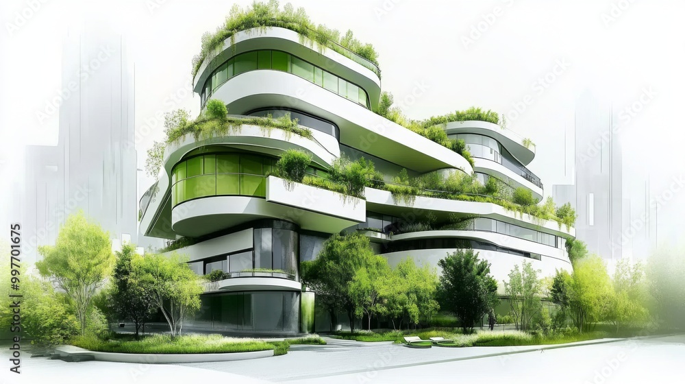 Poster a modern approach to architecture with an emphasis on environmental friendliness.