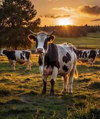 Cows enjoying a serene sunset in a lush pasture. Great for ads promoting sustainable farming, local produce, or rural tourism. Captures farm life beautifully.