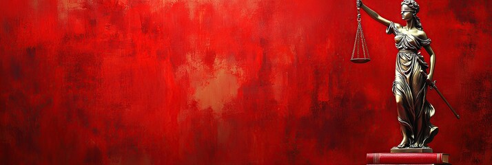 Red background with abstract textures, red books and lady justice statue, red grunge wall