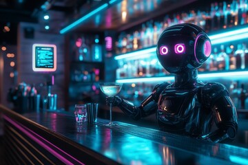 Robot Bartender Serving Futuristic Neon Drinks.