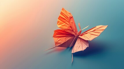 A stunning origami butterfly crafted from paper, showcasing delicate design and vibrant colors against a soft gradient background, symbolizing beauty and creativity.
