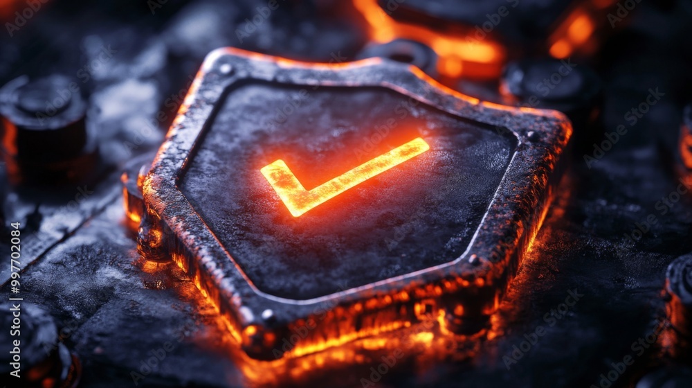 Poster digital glowing checkmark symbolizes reliability in development.
