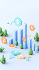 A blue background with a bunch of different colored coins and bars, 3d style