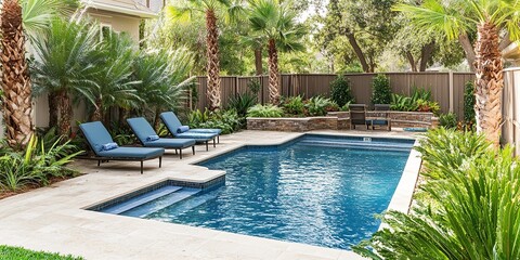 small pool design in houston, texas landscape with palm trees and chairs around the edge