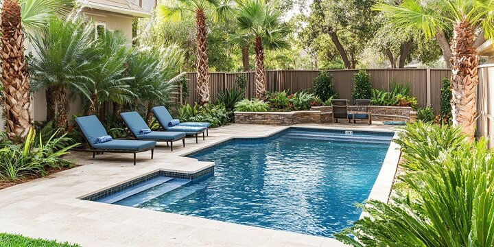 small pool design in houston, texas landscape with palm trees and chairs around the edge