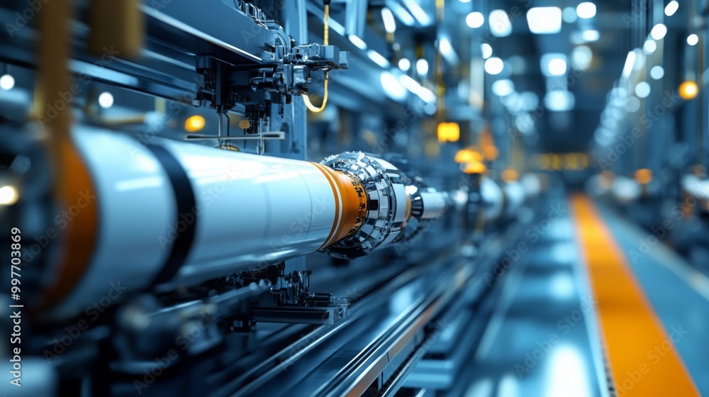 Poster a white pipe moves along an industrial assembly line in a factory. the pipe is being processed by va