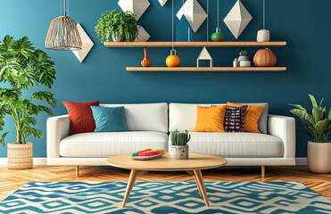 an interior design for a living room, featuring colorful modern furniture and decor. The walls are a light blue color, with a dark brown floor. In the middle of the room is a small, round coffee table