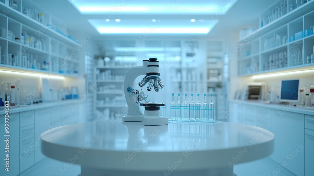 Poster a captivating flyer design on a blue science lab background, featuring a central image of a digital 