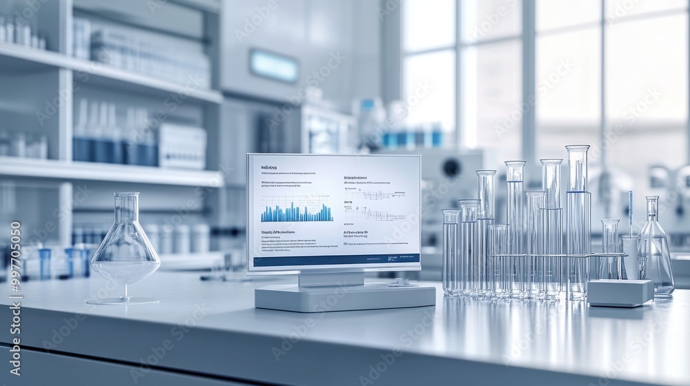 Poster flyer designed in indesign with a white science laboratory background, featuring a professional layo