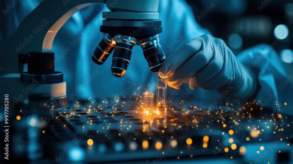 Poster caduceus symbol prominently displayed on a white lab bench, with a clean and professional background