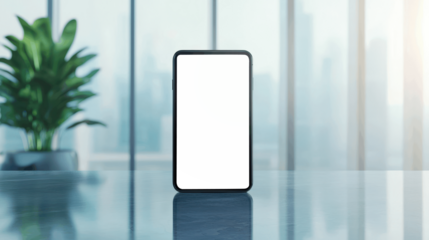 Transparent smartphone screen on glass table with potted plant and city view through window