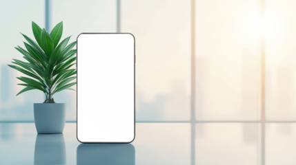 Transparent smartphone screen on glass table with potted plant and bright sunlight