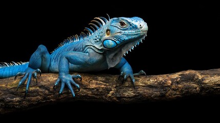 Fototapeta premium Blue Iguana sitting on branch with black background, blue Iguana Cyclura Lewisi, Grand Cayman Blue Iguana