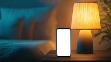 Transparent smartphone screen in bedroom with warm bedside lamp and cozy atmosphere