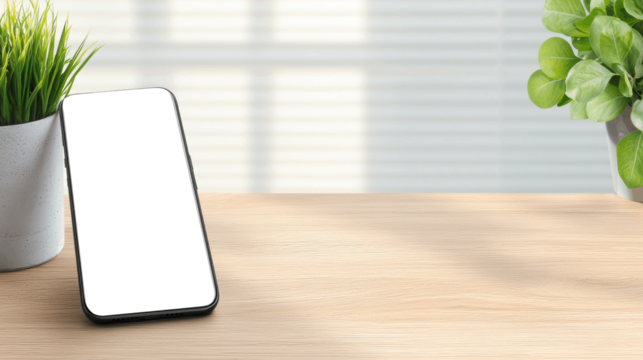 Transparent smartphone screen tilted on wooden table with potted plant and sunlight in the background