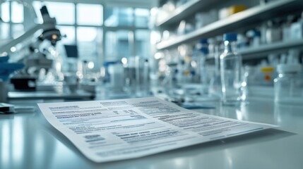 Business flyer featuring corporate branding and services, displayed on a white laboratory table, surrounded by advanced lab equipment and a clean, professional environment.