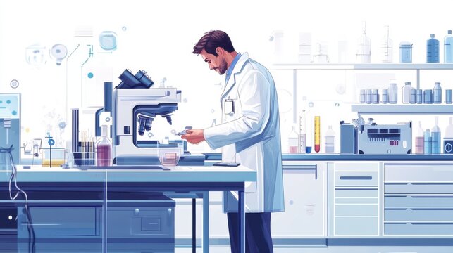 Professional flyer design in InDesign on a clean white science laboratory background, highlighting a minimalist layout with areas for text and graphics.