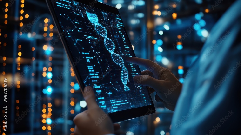 Poster Neurologists and neuroscientists working in a high-tech brain research laboratory, surrounded by monitors displaying brain imaging scans and using personal computers for research and analysis.