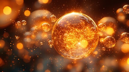 A glowing golden bubble dispersing into smaller bubbles as it interacts with skin cells