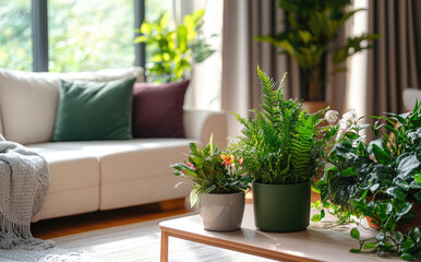 Fototapeta premium a small living room with plants and a coffee table, a sofa in the background