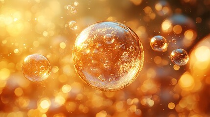 Golden bubbles floating through a matrix of transparent skin cells, with soft lighting
