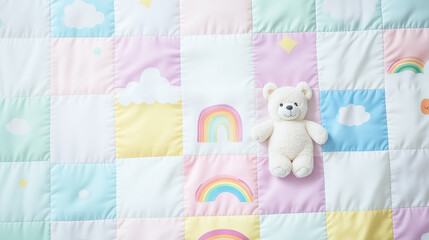 Delicate baby quilt made of patchwork fabric with cute animals and floral patterns. Traditional needlework for children's rooms and children's parties.