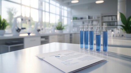 Medical snake symbol prominently displayed on a white science laboratory desk, with lab equipment and glassware in the background.