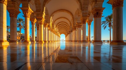 A stunning view of majestic arches reflecting golden light on marble floors. Lush palms and a clear blue sky create an inviting atmosphere, ideal for travel.