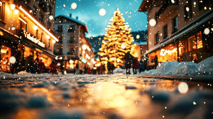Snowy street with lights and Christmas tree