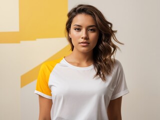 Fototapeta premium women in white tshirt mockup on yellow background