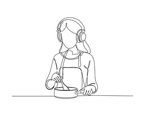 Continuous line drawing of a young woman wearing headphones and an apron, stirring a bowl, symbolizing multitasking in cooking and enjoying music.