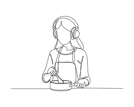 woman cooking wearing headphones, continuous line art clip art preview