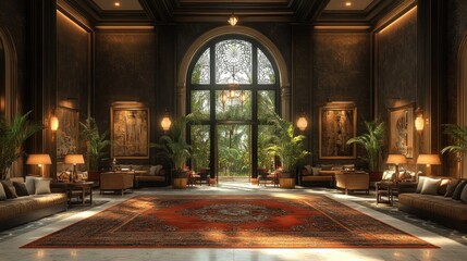 Obraz premium Elegant lobby with large windows, plants, and decorative artwork.