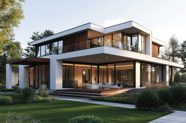 Fototapeta premium Modern house with a black roof and white walls, two floors, a terrace on the first floor, a garden in front of it, photo from the outside
